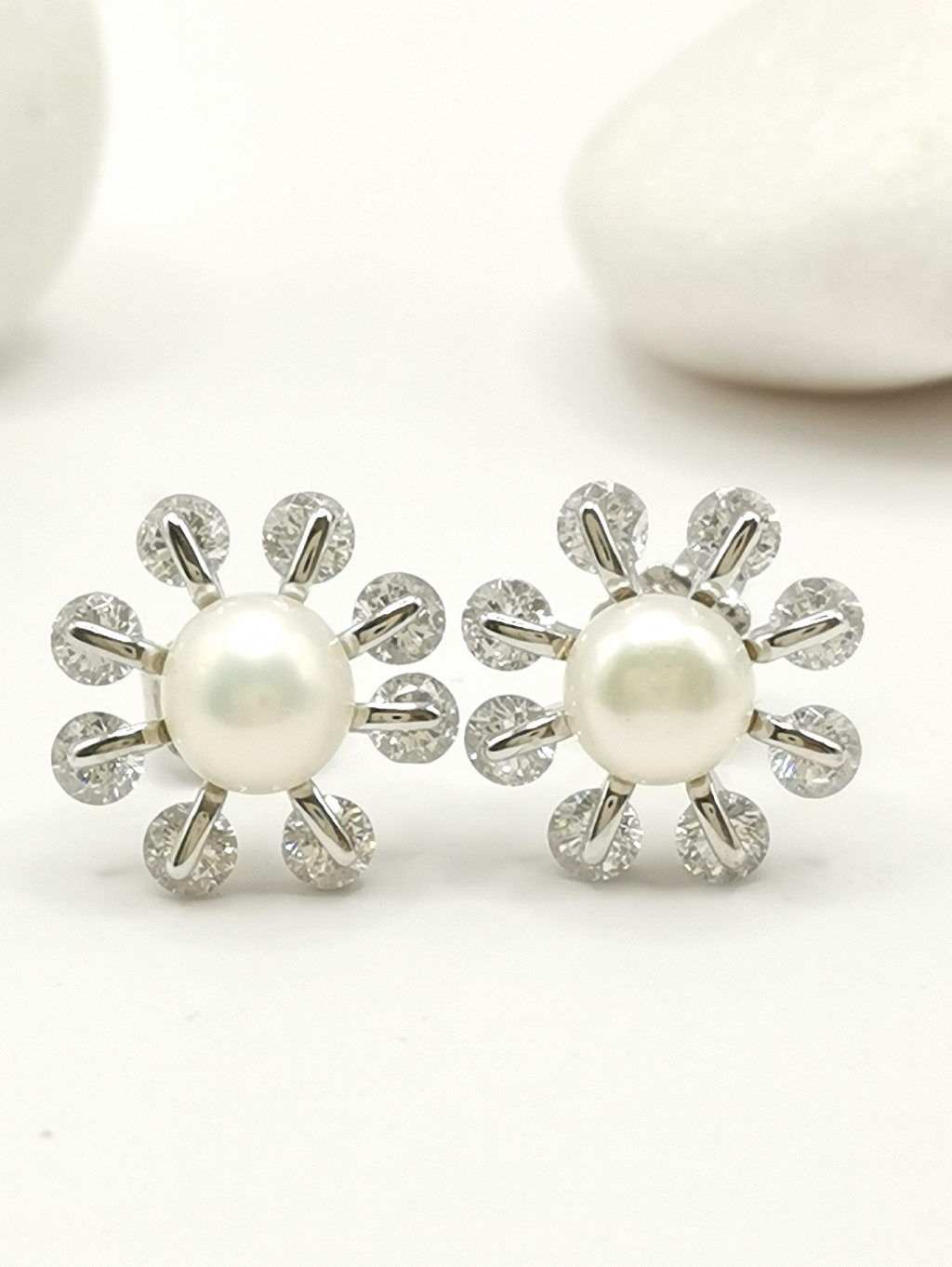 Sunburst Cultured White Freshwater Pearl Cz Earrings In Sterling Silver